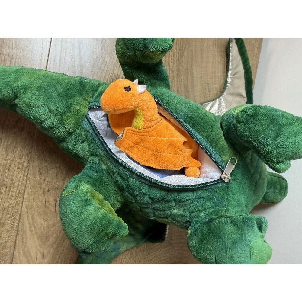 Green Dragon Plush Zip Belly Storage Mommy Flying Plush Green  19”